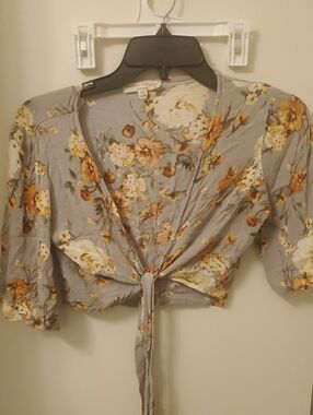 Final Touch Gray Floral Tie-Front Crop Blouse with Yellow Blooms